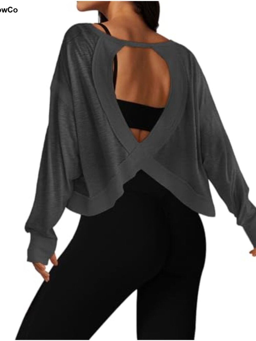 Open Back Long Sleeve Cropped Workout Top Athletic Gym Yoga Tee